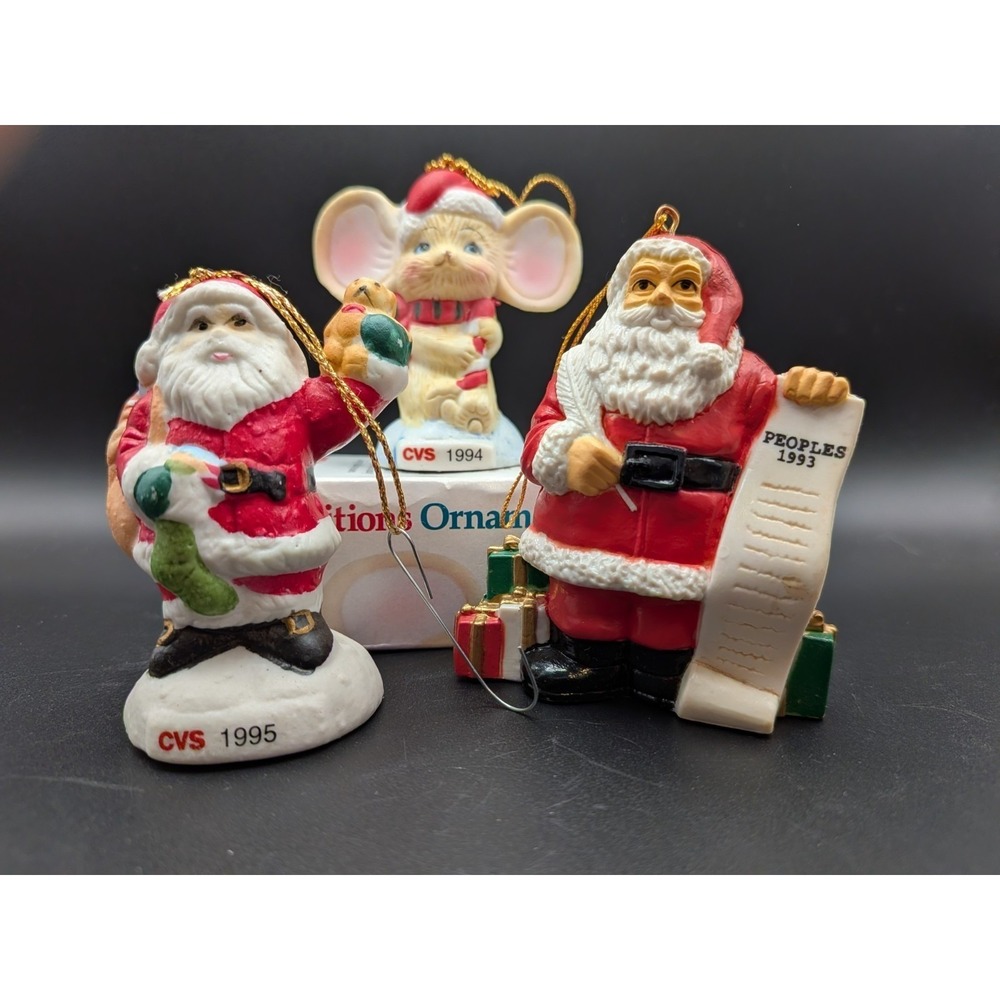 Vintage‎ CVS Peoples Christmas Ornaments Set 1993 1994 1995 Santa Mouse 3pc Box